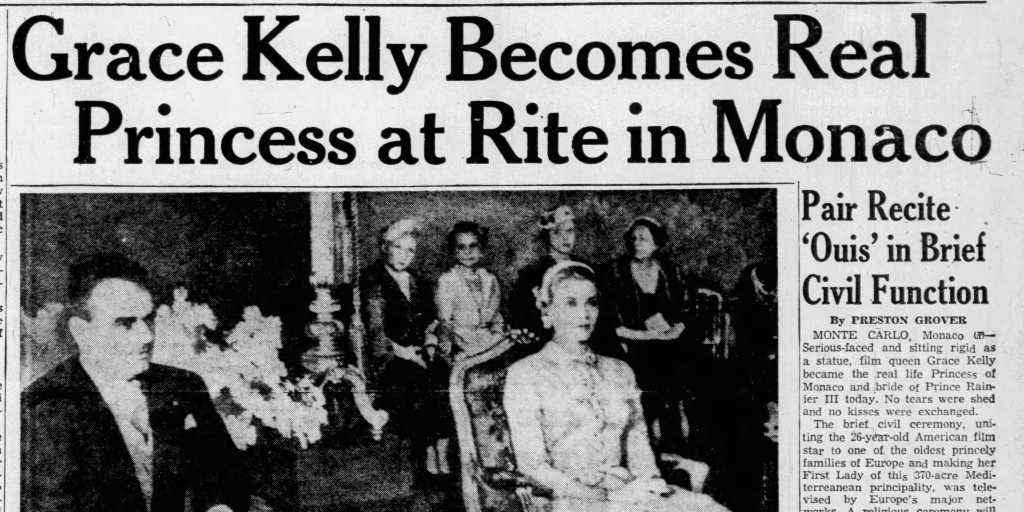 Newspapers.com on X: "Actress Grace Kelly wed Prince Rainier III of Monaco  in a civil ceremony #OTD in 1956; the religious ceremony took place the  next day. Their marriage made the front