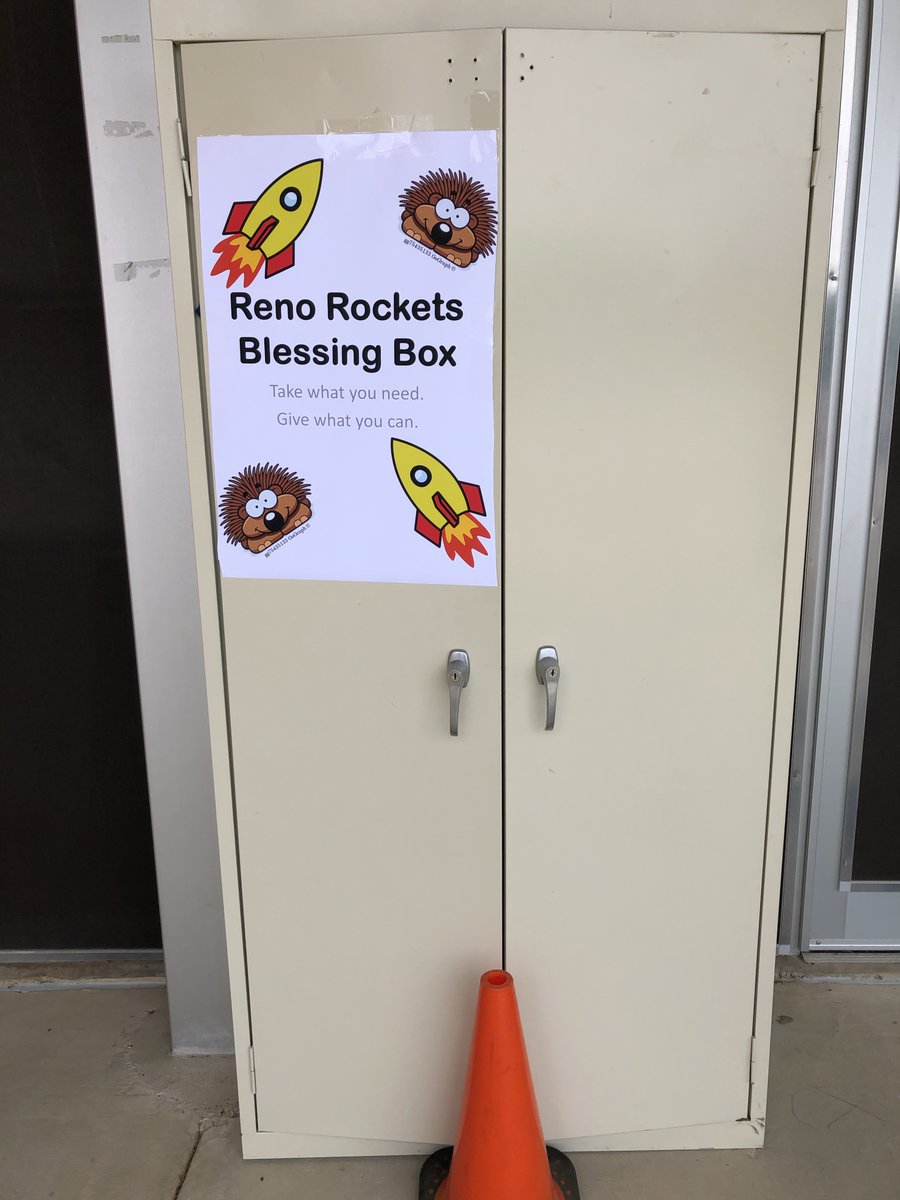 RenoElementary's tweet photo. Reno Families, 

Because we know these are difficult times, Reno Elementary has set up a Blessing Box. Please, take what you need. The Blessing Box is located in the back of the building by the file cabinet. #weareReno. Thank you City if Reno for contributing item for the box! https://t.co/8YCufLzN5q