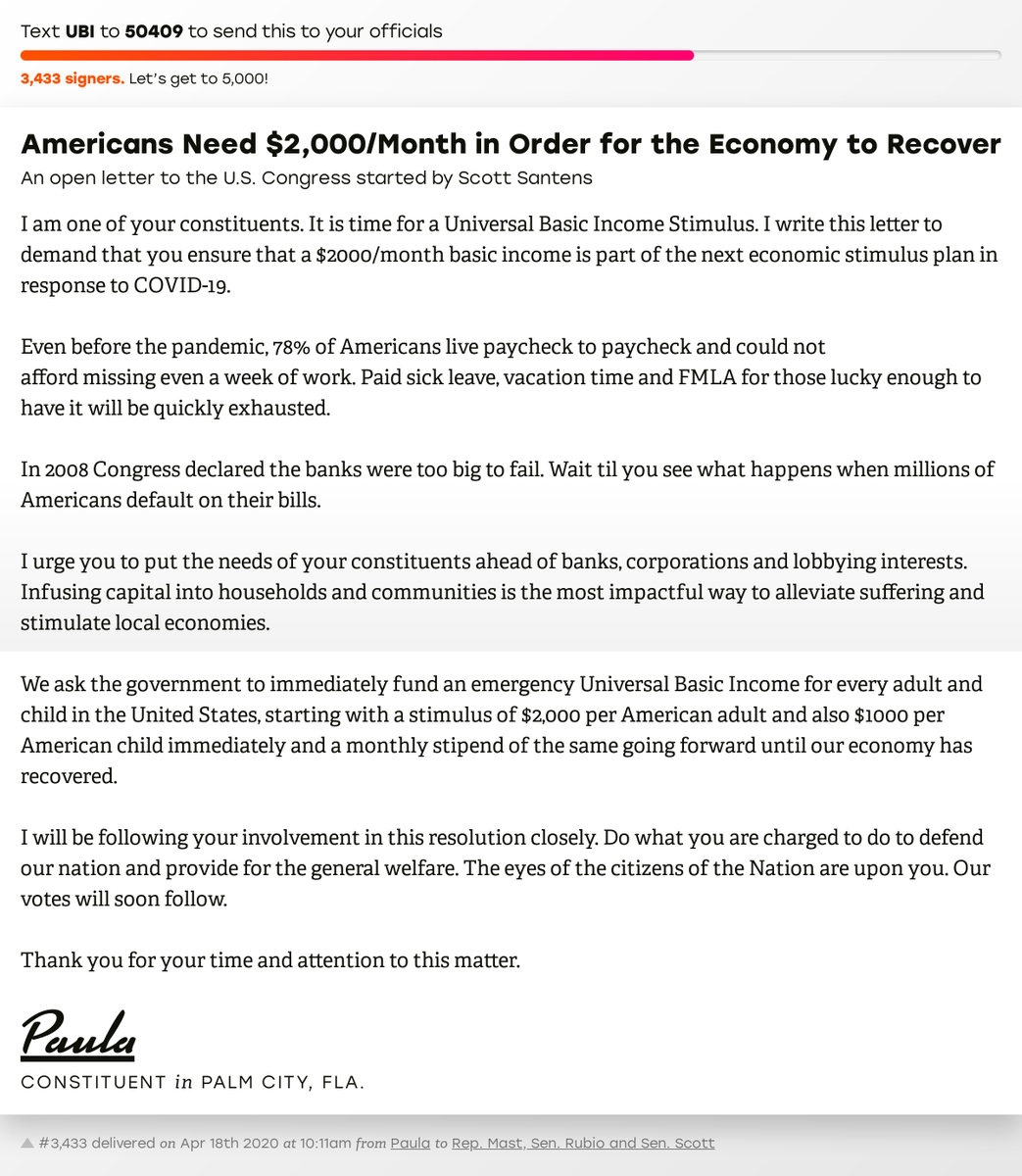 openletterbot's tweet photo. 🖋 Support Paula by signing “Americans Need $2,000/Month in Order for the Economy to Recover” and I’ll deliver a copy to your officials too: https://t.co/8Uw1pCVwji

📨 Last delivered to @repbrianmast, @marcorubio and @SenRickScott #FL18 #sayfie #flapol #UBI https://t.co/20lYYQsdsX