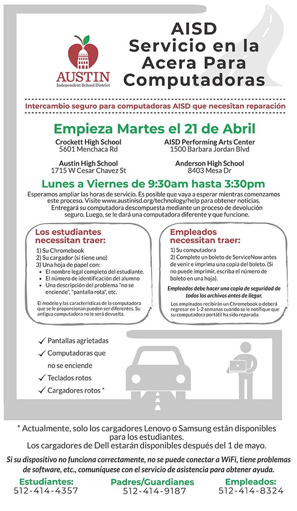 Announcement for students and staff:  Does your <a href="/AustinISD/">Austin ISD</a> computer need repairs?  If yes, see flyer. 

Anuncio para estudiantes y personal: ¿Su computadora necesita reparaciones? Si es así, vea el volante.