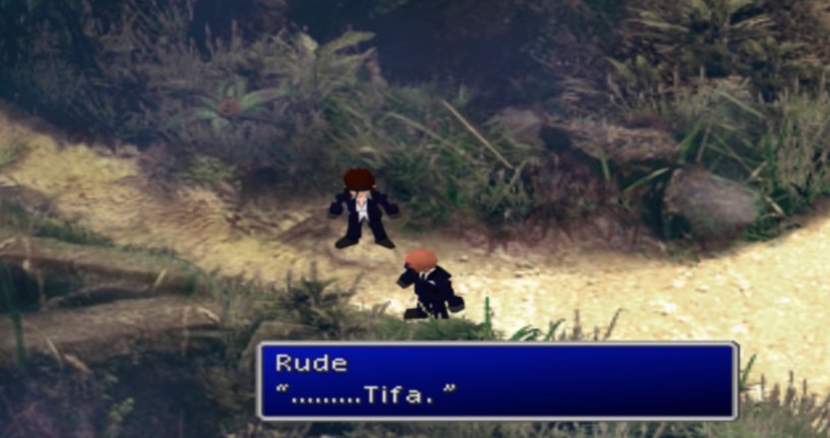 FF7 OG Game Gongaga Scene-According to Elena (another fellow Turk), Reno and Rude always discusses people they like or dislike, and Reno keeps asking Rude about who he's into (why? who knows), and Rude says "Tifa." Reno then says, "Hmm, that's tough."