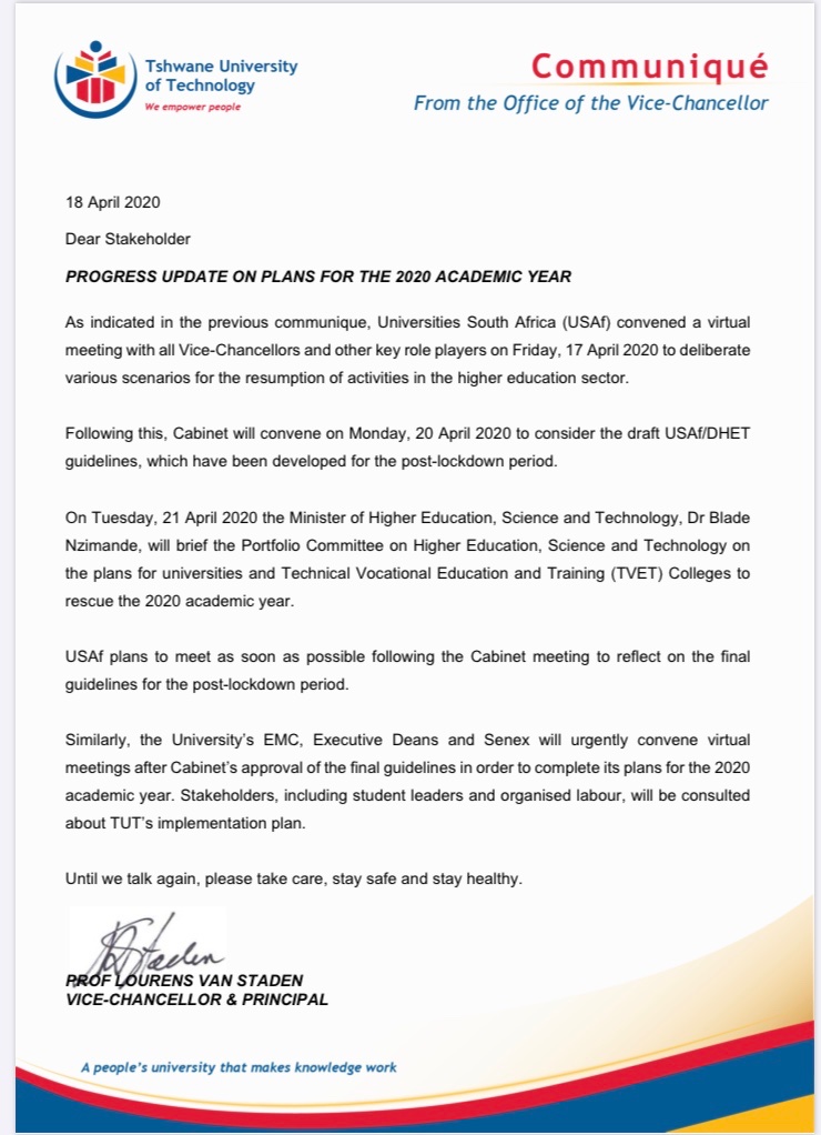 Official_TUT's tweet photo. Please attached a progress update on the University’s plans for the 2020 academic year https://t.co/H0uGUh8Jdw