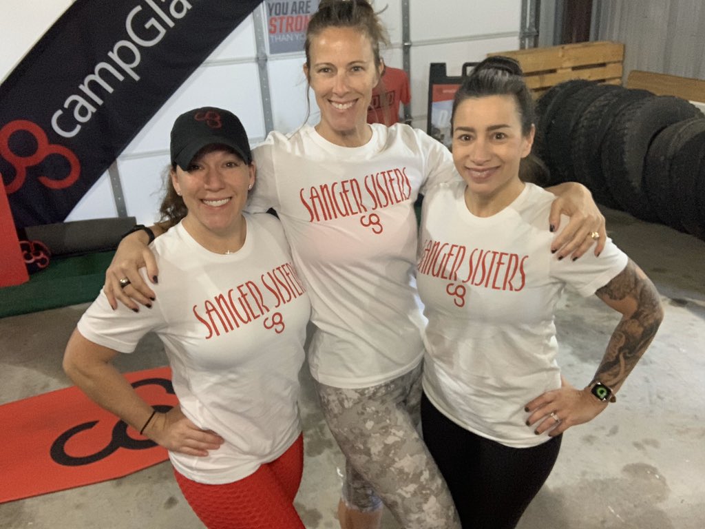 GWemhoner's tweet photo. Mini reunion with part of my trainer team! Sierra led a kick-butt Saturday morning camp with me and Amanda as her demo peeps! I ❤️ my Sanger Sisters!  One of our sweet campers made us these adorable shirts! @campGladiator #choose2move #bettertogether https://t.co/ASEm9umMwB