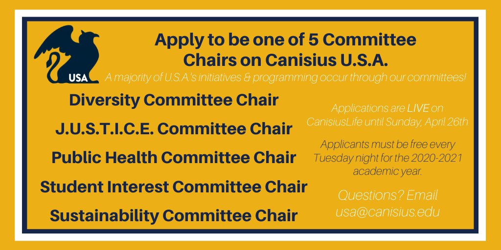 Applications are now OPEN on CanisiusLife to be a Committee Chair on the 2020-2021 Senate! NOTE: You do NOT have to be a Senator to be a chair!