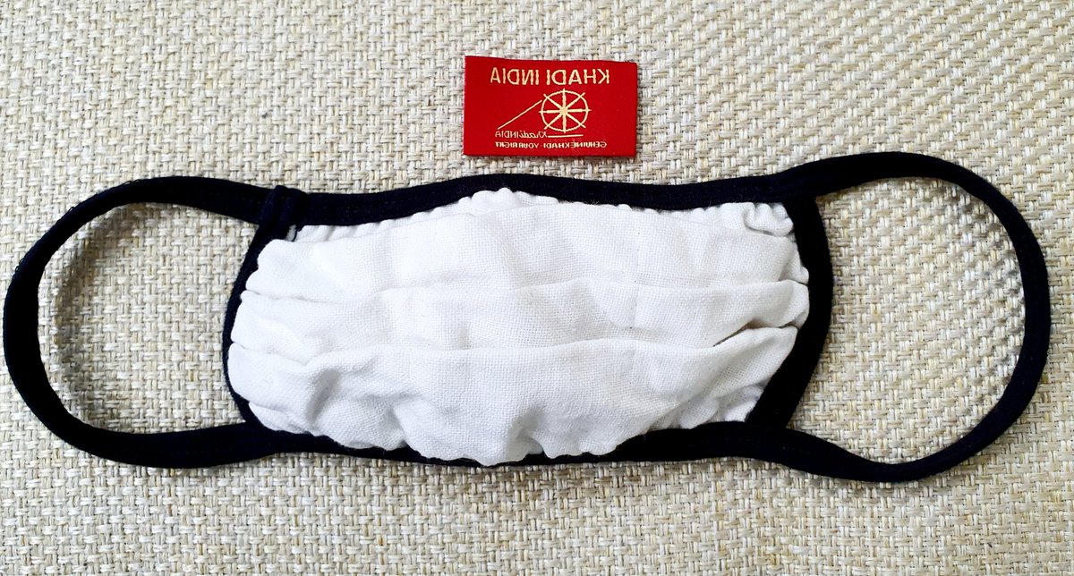 ChairmanKvic's tweet photo. Double layered Khadi mask(7"x6",3 pleats,4 side piping) is Hand Crafted, Washable,Reusable,Skin friendly, Breathable &amp; Biodegradable.
Cost ₹16/piece with GST. 
Contact 9869087192
@PMOIndia @PiyushGoyal @naqvimukhtar @smritiirani @drharshvardhan @DGICMR @AyushmanNHA @moayush https://t.co/hSihddhQEz