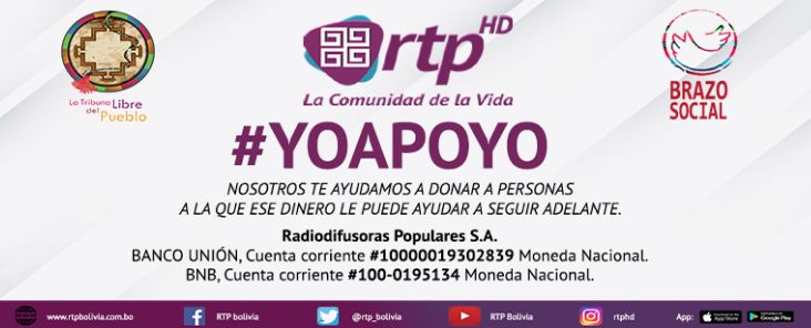 rtp_bolivia's tweet photo. El Brazo Social y la Tribuna Libre del Pueblo en campaña para ayudar a los más necesitados.  
Banco Unión: 10000019302839 (moneda nacional)
Banco Nacional de Bolivia: 100-0195134 (moneda nacional) https://t.co/n8jqjZmuh6