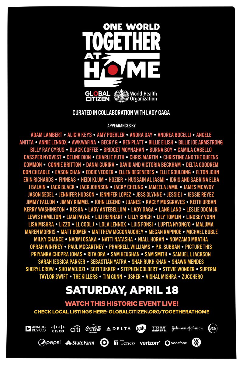 Just a few hours to go!! Join us <a href="/GlblCtzn/">Global Citizen ⭕</a> <a href="/WHO/">World Health Organization (WHO)</a> for One World: #TogetherAtHome today, starting at 2pm ET. Learn how to watch and support COVID-19 relief here: glblctzn.me/2xFbpj8