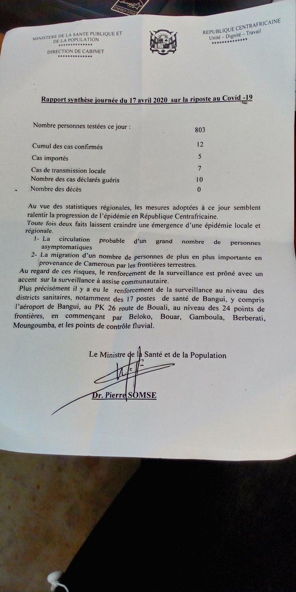 NdotigaR's tweet photo. Sur les 12 cas du Covid-19 en Centrafrique, 10 personnes parmi les 12 contaminées ont recouvré leur santé d'après Dr Pierre SOMSE, ministre de la santé ce samedi à Bangui. @inesngopot @erickngaba @OMSCentrafrique @MarcelinRidja @RadioNdekeLuka https://t.co/kxtEZQbfvh