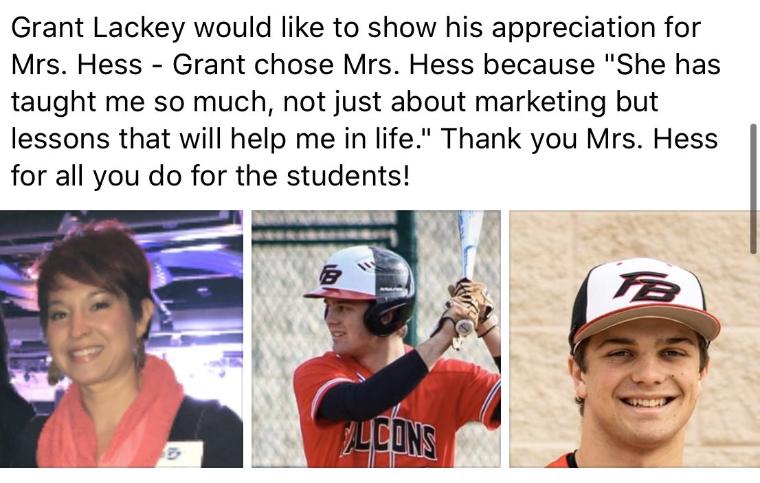 Flowery Branch Baseball (@branch_baseball) on Twitter photo Teachers Appreciation 2020:
<a href="/glackey02/">Grant Lackey</a> would like to recognize Mrs. Hess because “she taught me so much, not just about marketing but lessons that will help me in life”
<a href="/TheBranchTalon/">FBHS The Talon</a> <a href="/FBHSFalcons/">FBHS Falcons</a> Teachers Appreciation 2020:
<a href="/glackey02/">Grant Lackey</a> would like to recognize Mrs. Hess because “she taught me so much, not just about marketing but lessons that will help me in life”
<a href="/TheBranchTalon/">FBHS The Talon</a> <a href="/FBHSFalcons/">FBHS Falcons</a>
