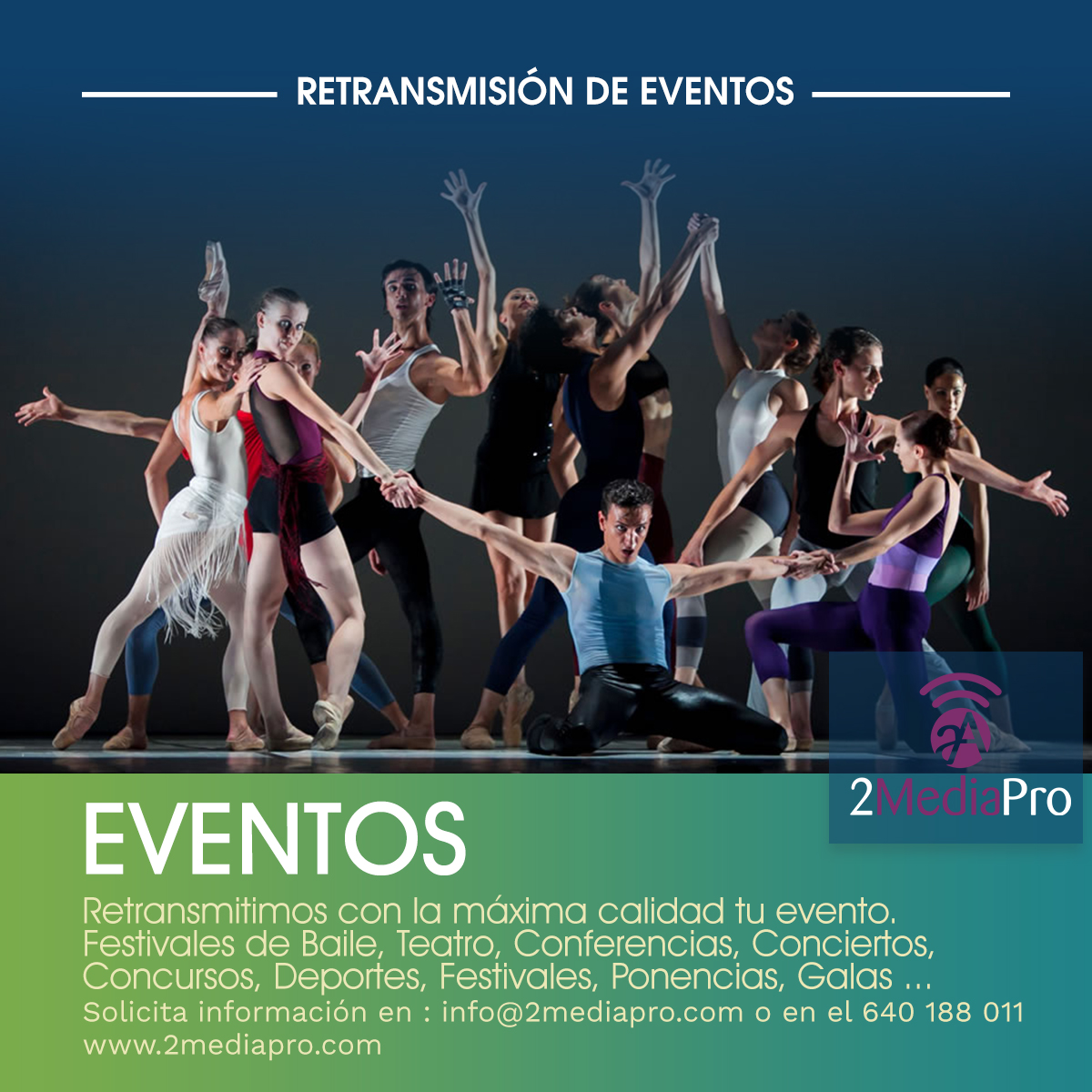 2MediaPro's tweet image. RETRANSMITIMOS TU EVENTO

- FESTIVALES DE BAILE
- TEATRO
- CONCIERTOS
- CONFERENCIAS
- GALAS
- CONCURSOS
- DEPORTES
- PONENCIAS
- MUSICALES
y un largo etcétera 
Información en: info@2mediapro.com o en el 640188011