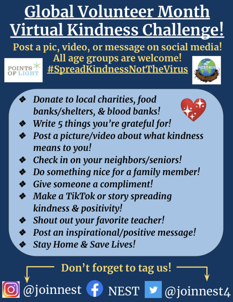 joinnest4's tweet photo. Happy #GlobalYouthServiceDay! Join our #VirtualKindnessChallenge, where you can spread positivity during this uncertain times through small acts of kindness right from your home! #NEST4US #GYSD #DoGoodFromHome #WereInThisTogether #SpreadKindnessNotTheVirus
https://t.co/TnRs0vUSVw https://t.co/tV44MmUVYb