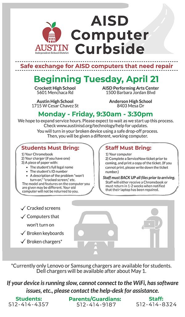 AISD computer curbside starts Tuesday with four locations.