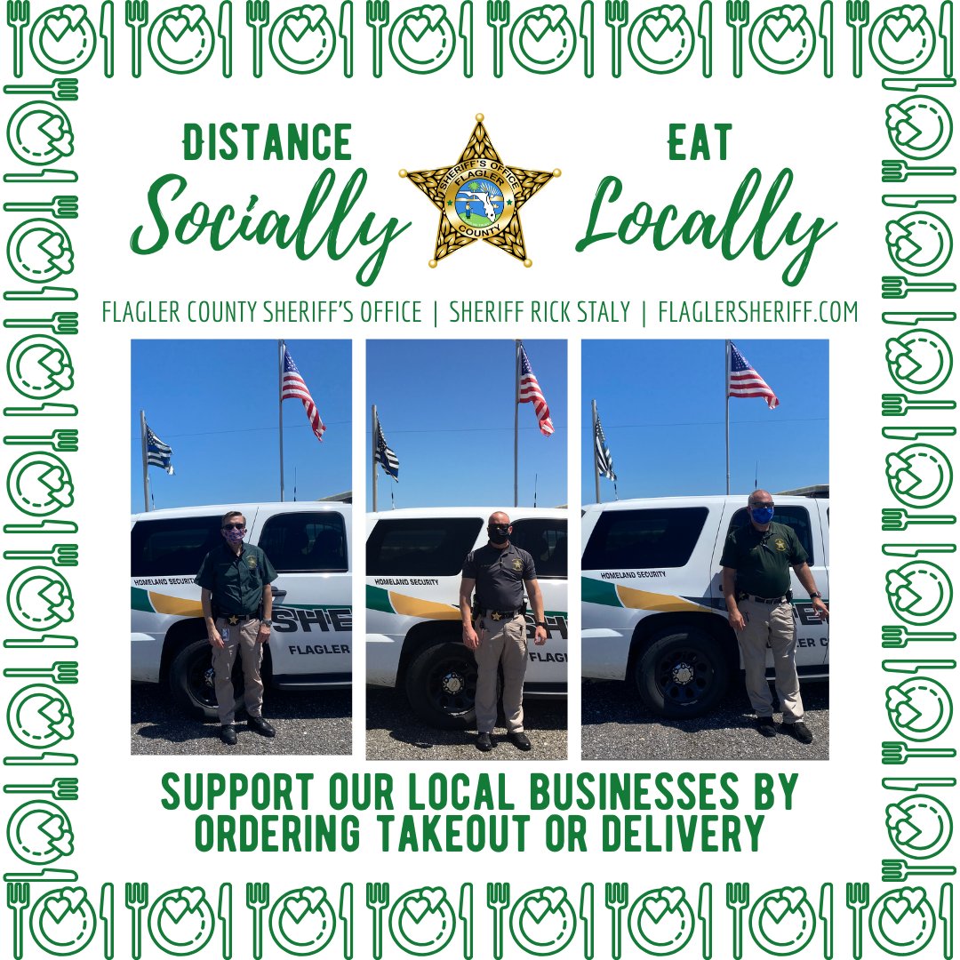 FlaglerSheriff's tweet photo. The Community Outreach Unit ordered takeout from the Beach Front Grille to help support our local businesses. Beach Front Grille is open for takeout and curbside starting at 12PM daily. #DistanceSocially #EatLocally #FCSO #BeachFrontNation https://t.co/WOS9wRuFDP