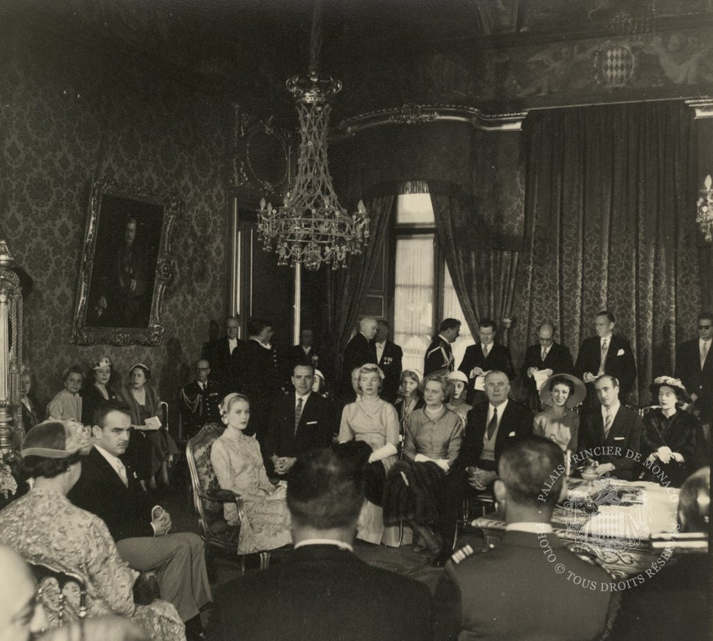 Today marks the 64th anniversary of the civil ceremony in 1956 for #GraceKelly &amp; #PrinceRainier. Princess's pink dress was designed by #HelenRose. My mother can be seen sitting behind Grace's mother in this photo. #Monaco