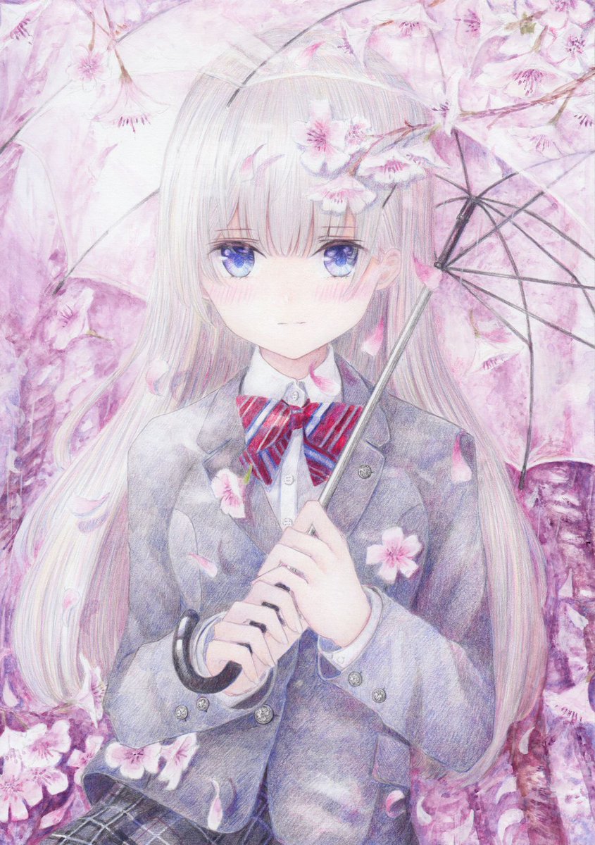 「桜流し #オリジナル #アナログ #色鉛筆 #透明水彩 
https://t.c」|くろいうさぎのイラスト