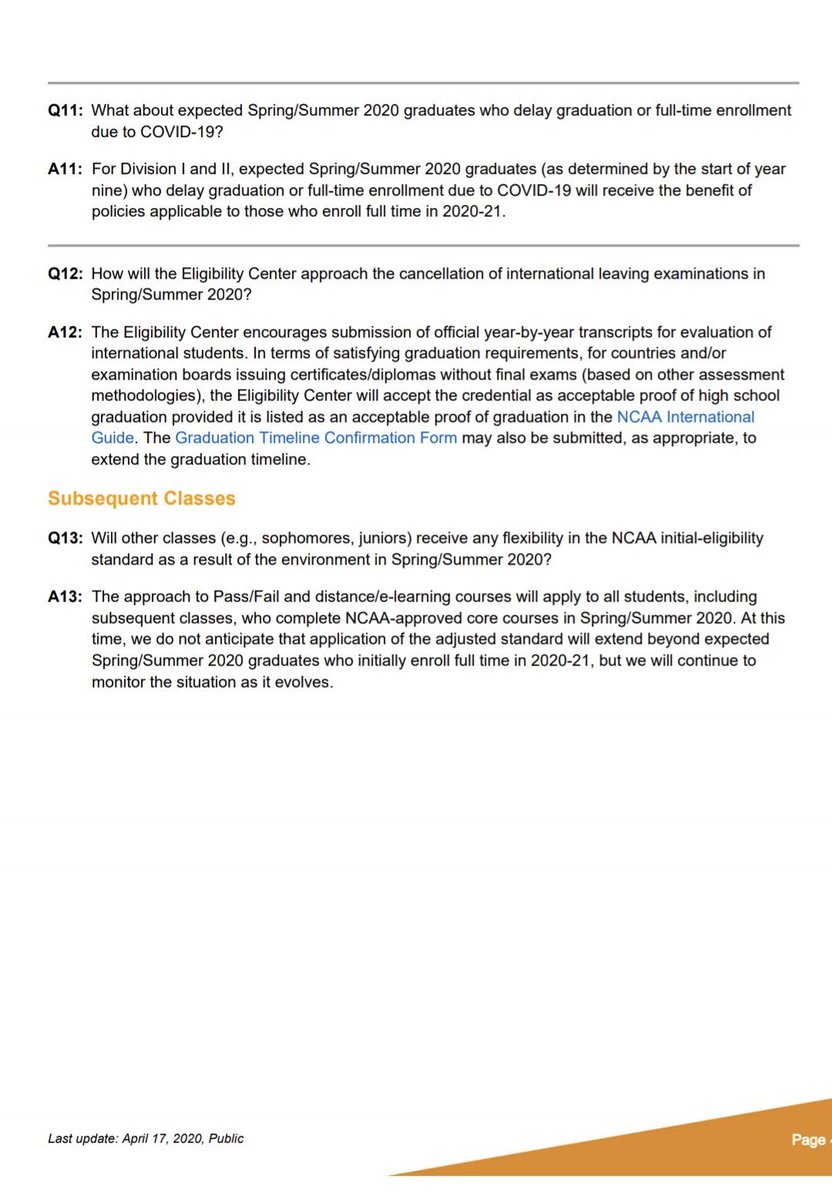 Newest update on FAQs from NCAA Eligibility Center, as of 4.17.20