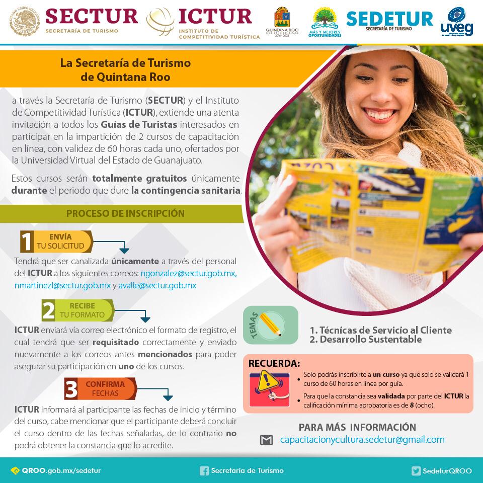 <a href="/SECTUR_mx/">SECTUR México</a> <a href="/UVEGonline/">UVEG</a> <a href="/GobQuintanaRoo/">Gobierno Quintana Roo</a> <a href="/SedeturQROO/">Sría. de Turismo Quintana Roo</a> #ICTUR invitan a #GuíasDeTurismo <a href="/guiasturismogdl/">Guadalajara</a> #CursoDeActualización gratuito únicamente durante el período que dure la #ContingenciaSanitaria <a href="/PtoMorelosAyto/">Ayto. Puerto Morelos</a> <a href="/chetubien/">Comunidad Chetubien</a> <a href="/fermin_carrillo/">Fermín Carrillo</a> <a href="/cancunmio/">CancunMio.com</a> <a href="/fauadrian/">Fausto Adrián</a> <a href="/cristinazuetar/">Cris</a>