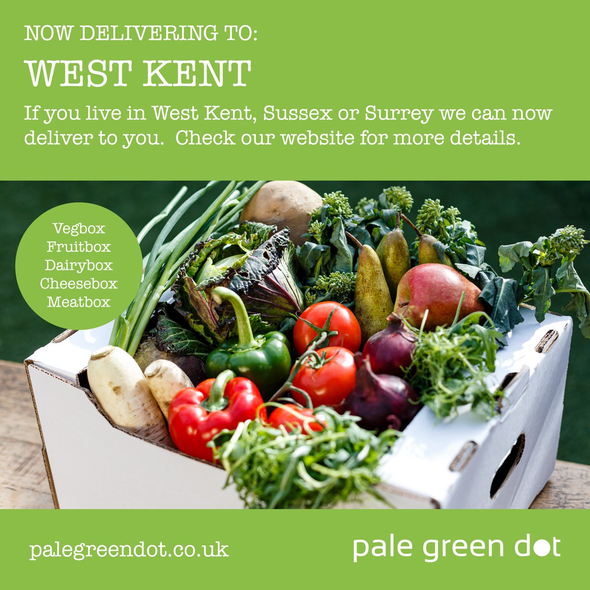 We now deliver to West Kent.  Try our boxes of fresh produce, veg, fruit, dairy, cheese and meat.  Delivered free of charge to your door.  #delivery #vegbox #kent #sussex #surrey #iso