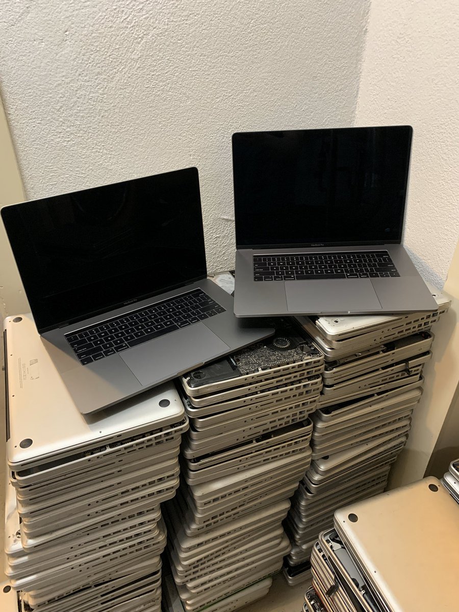 RDKLInc's tweet image. The irony is that I’d like to do the responsible thing and wipe user data from these machines, but Apple won’t let me.  Literally the only option is to destroy these beautiful $3000 MacBooks and recover the $12/ea they are worth as scrap.  #righttorepair
