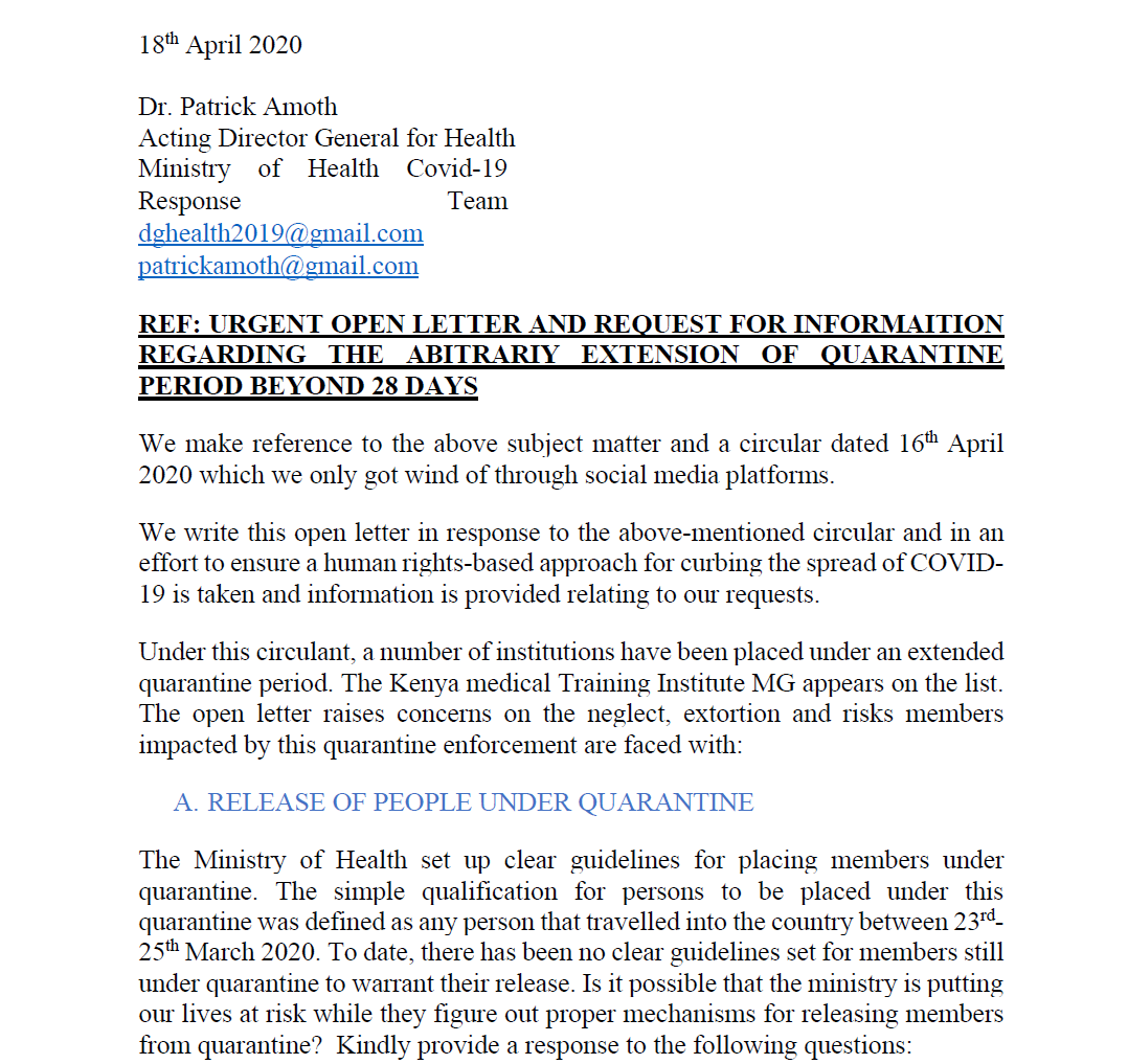 KELINKenya's tweet photo. Five issues https://t.co/iXIzM1DEZY posed to @MOH_Kenya  by those in mandatory quarantine: 
1.Release of People Under Quarantine 
2.Exiting of The Facilities 
3.Illegal Detention of Passports
4. Health Concerns and Wellbeing 
5. Social Distance Standards 
#justice2health @hrw https://t.co/OttrGmR4sc