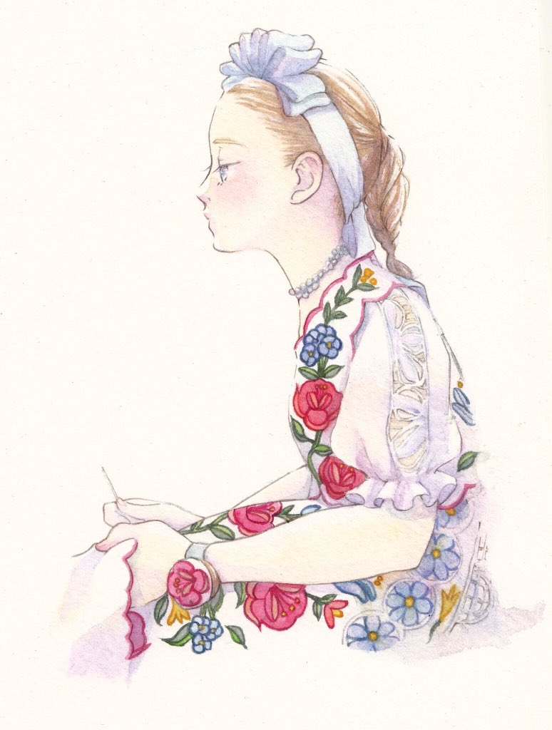 1girl solo profile flower braid traditional media dress  illustration images