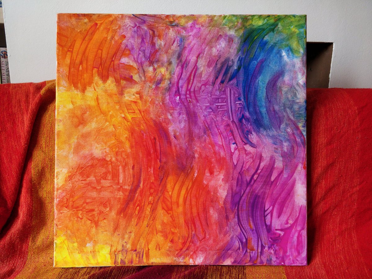 A square abstract painting with many colours of the rainbow. Colours are smeared into each other with what are clearly finger prints. Its well artistic innit.
