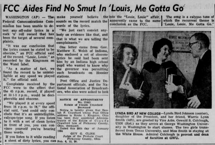 The FCC decided to investigate. The subsequent ruling is an all-time classic: Louie Louie could not be considered obscene because Ely’s lyrics were so unintelligible that the FCC had no idea what he was saying. It can’t be obscene if it can’t be understood in the first place!