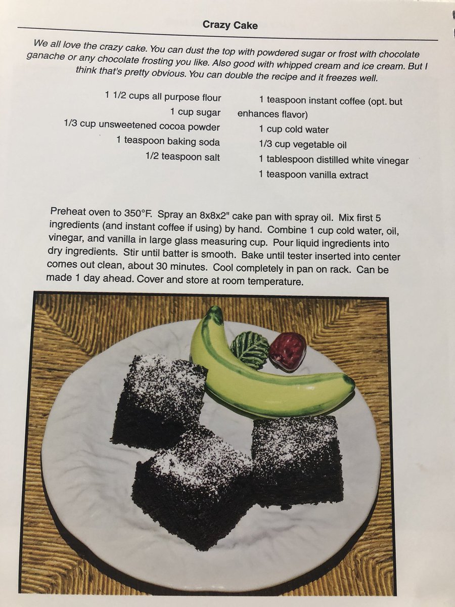 taradublinrocks's tweet photo. Last year my mom made a cookbook for everyone in our family. This a favorite recipe, which is basically a vegan science experiment. But it’s delicious & tastes extra great with vanilla ice cream or whipped cream #QuarantineCuisine #CrazyCake #ChocolateIsLife https://t.co/0Gkm8dK59i