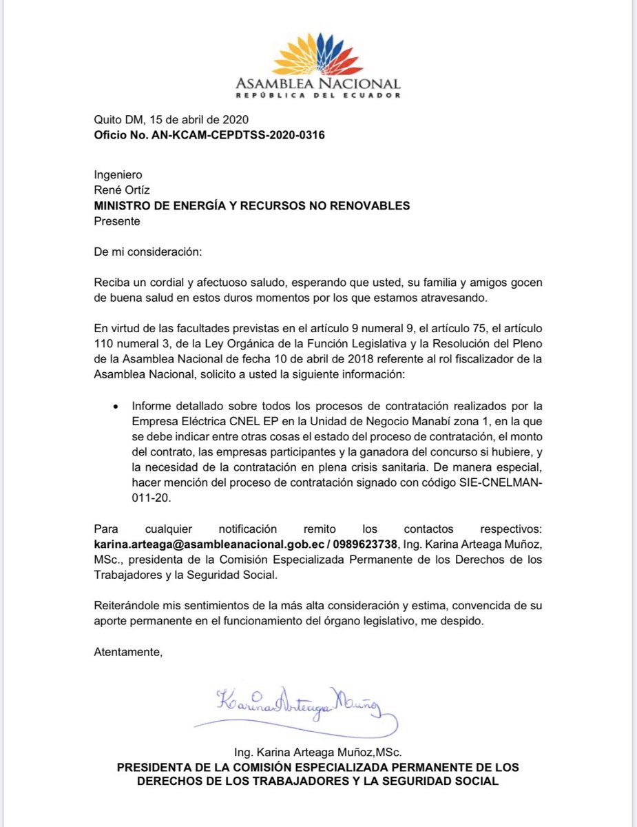 Solicité mediante oficio a René Ortiz, ministro de @RecNaturalesEC  que nos informe  de manera detallada sobre todos los procesos de contratación realizados por la Empresa Eléctrica <a href="/CNEL_EP/">CNEL EP</a> en la Unidad de Negocio Manabí zona 1.
