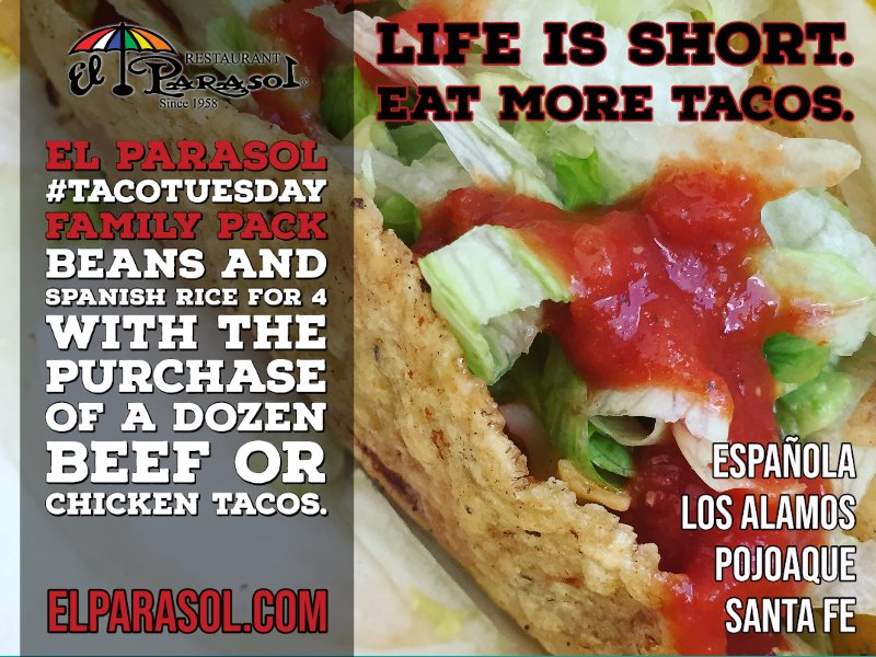 505Nomad's tweet photo. El Parasol has a taco family pack special at all locations on Tuesdays. Spanish rice and beans for 4 with the purchase of a dozen chicken or beef tacos. Pickup available.
#NewMexico #ShamelessPlugSaturday #SupportLocals https://t.co/ySnu7lR9Q4