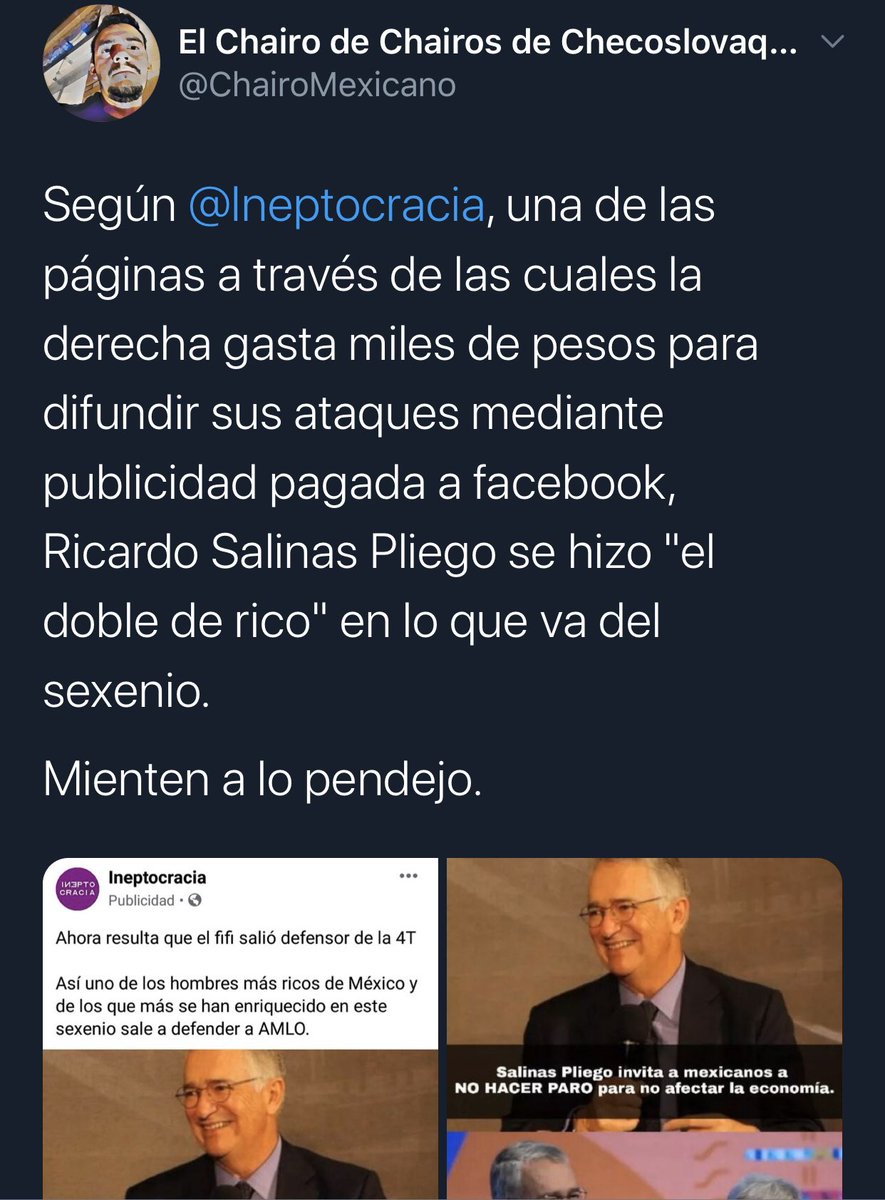 Ineptocracia's tweet image. Así nos criticaban por atacar a @RicardoBSalinas, hasta nos llamaron vendidos.

Y ahora, hasta piden ayuda de la @SEGOB_mx

No hay duda de que hombres como @ChairoMexicano solo saben humillarse.