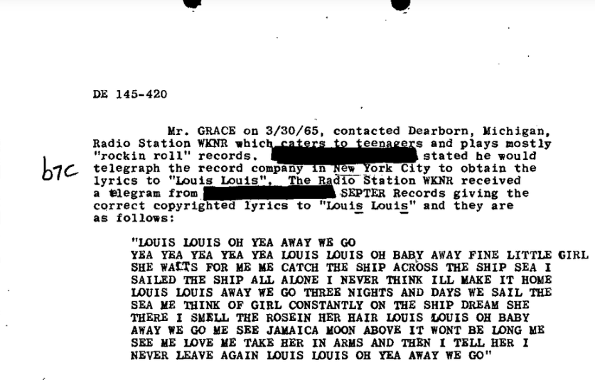 Now ... do you want to know the dumbest part of all of this? The FBI knew what the ACTUAL lyrics were THE WHOLE TIME. The FBI received an official copy of the lyrics from the publisher in early 1964, and received the lyrics again in March 1965: