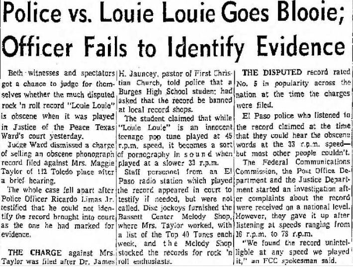 There were Keystone Kop moments all over America. In Texas, a store clerk was charged with selling an obscene phonograph. Case was dropped b/c the officer didn't mark the specific record sold as evidence (as if the lyrics somehow change on a separate copy of an identical record?)