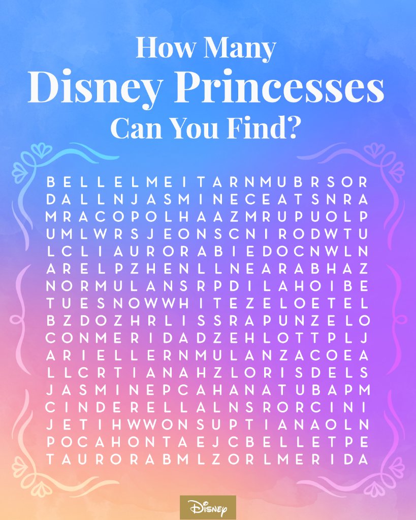 Disney's tweet image. Do your word search skills rule? 👑 Prove it!