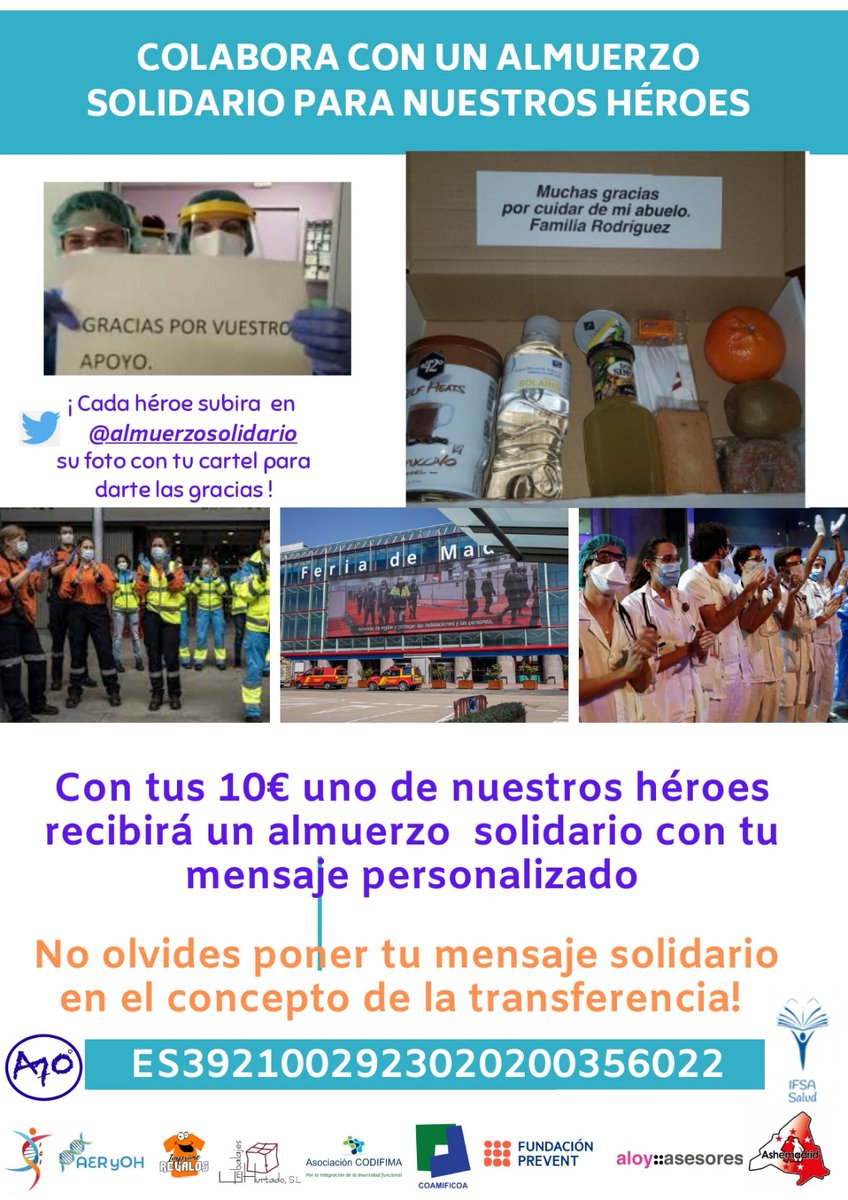 AsociaAeryoh's tweet photo. Nuestros amigos de @a70grados han creado el programa @ALMUERZOSOLIDA1 para colaborar con quien hoy está en primera línea, cuidando de nosotros, ofreciéndoles un desayuno, un pequeño gesto por todo lo que hacen por nosotros. Os dejamos toda la información de cómo colaborar aquí ⬇️ https://t.co/twZKG0QH7r