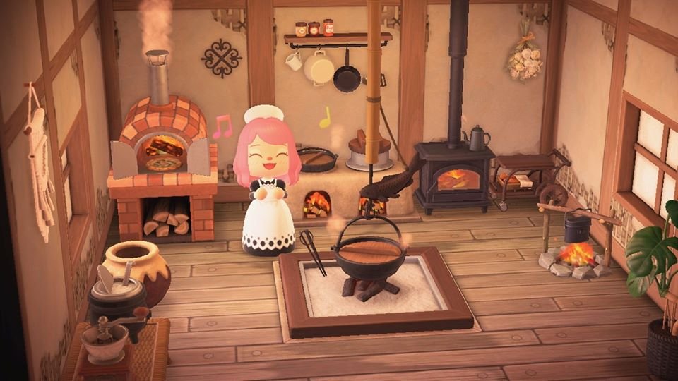 57. Une cuisine médiévale (Source :  https://www.reddit.com/r/AnimalCrossing/comments/g3foyd/trying_to_make_a_medieval_skyrimstyle_kitchen/)