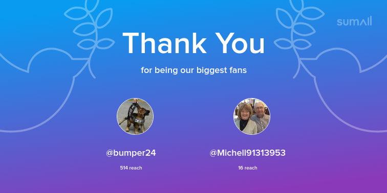 Our biggest fans this week: bumper24, Michell91313953. Thank you! via sumall.com/thankyou?utm_s…