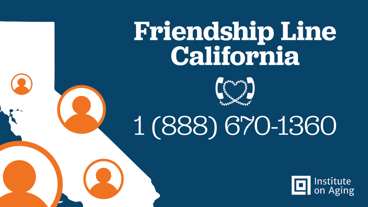 CalAging's tweet photo. While staying at home is being done to keep safe, it may also lead to feeling lonely and isolated from others. Older Californians and their caregivers can call Friendship Line California at (888) 670-1360 to connect with a friendly, listening ear today #StayHomeSaveLivesCheckIn https://t.co/hthyOrAztH