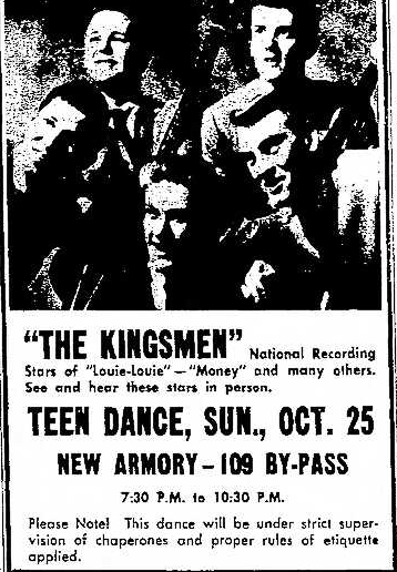 Incidentally, all this controversy made The Kingsmen an even more desirable booking at dance clubs across the country. But don't think you could get away with too much at these dances ... see the bottom of this ad in the Anderson (Indiana) Herald Bulletin, Oct. 1964: