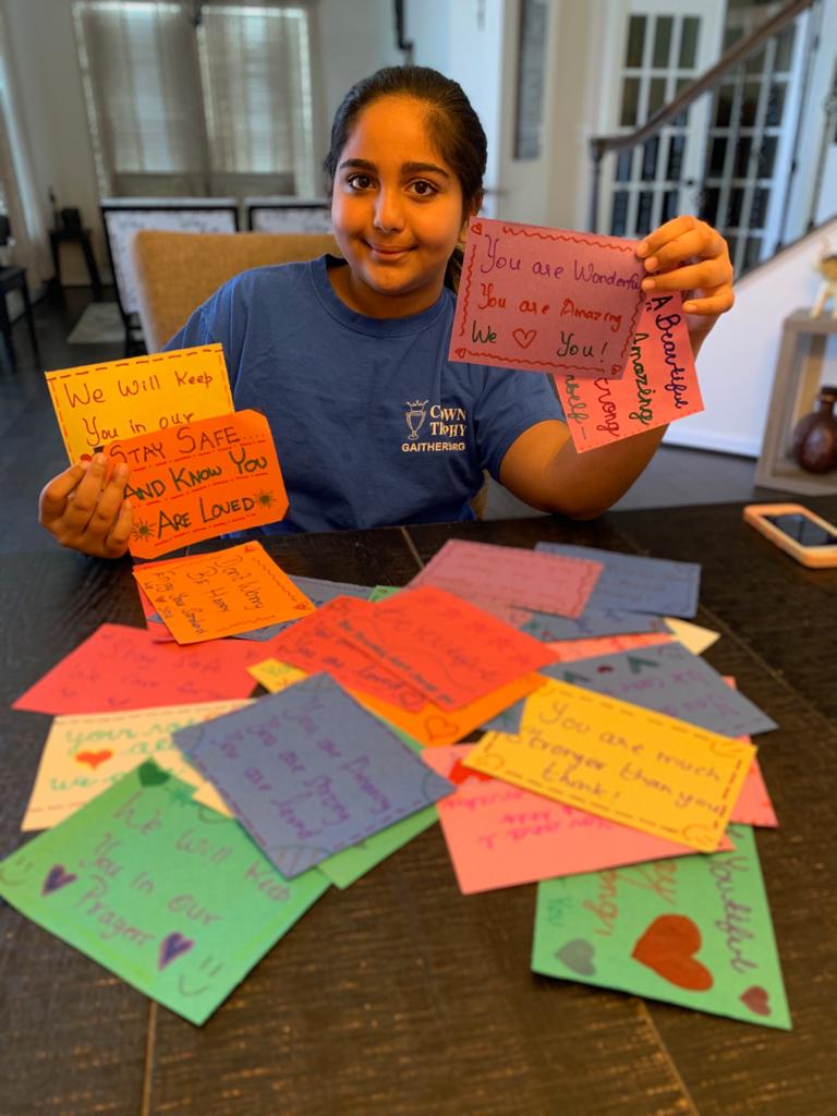 joinnest4's tweet photo. #VirtualKindnessChallenge  Ria Rajesh, a 5th grader @Wilsonwimses is handwriting cards for #HealthcareHeroes #CardsForSeniors😍A little love goes a long way❤️ #NEST4US #GYSD #DoGoodFromHome #ArtFromTheHeart #LittleThingsMeanALot #SpreadKindnessNotTheVirus https://t.co/TnRs0vUSVw https://t.co/CqQYNgOjcv