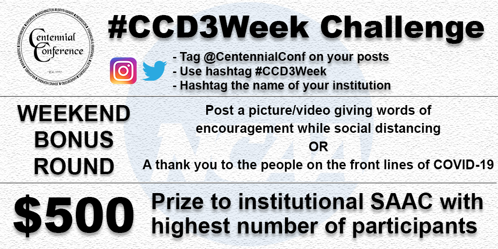 CentennialConf's tweet photo. 🚨 #CCD3Week Challenge 🚨
WEEKEND BONUS ROUND
Post a picture/video giving words of encouragement while social distancing OR a thank you to the people on
the front lines of COVID-19
*Post by Sunday at midnight to give your institution a shot at the $5⃣0⃣0⃣ prize! https://t.co/0tLRzYdDB1