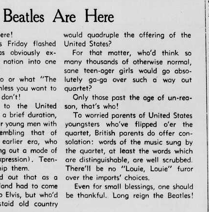 Postscript... I found this great newspaper editorial from Seymour, Indiana during the British Invasion. The newspaper complimented The Beatles for being more family-friendly than The Kingsmen. John Lennon's "More popular than Jesus" controversy came two years later.