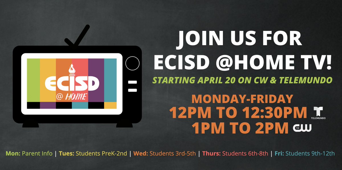 For parents and students, one more tool to help you through Remote Learning, ECISD @ Home TV debuts on Monday. Daily lessons, counseling tips, instructional videos and more. Find the list of channels here bit.ly/3alxGjP #TeamECISD #ECISDLeads