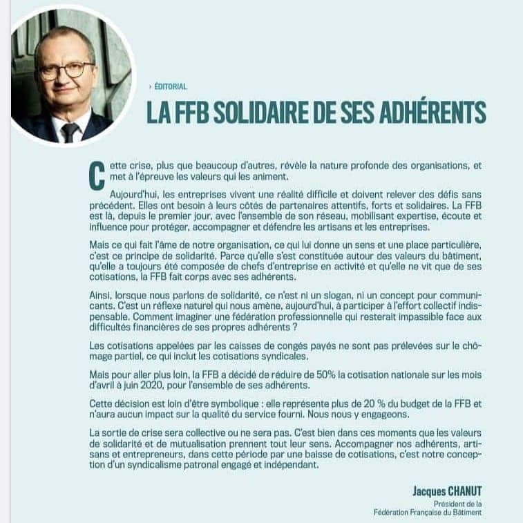 la FFB solidaire de ses adhérents ! Editorial de <a href="/chanutj/">Jacques CHANUT</a> dans Batiment Actualité de ce jour.