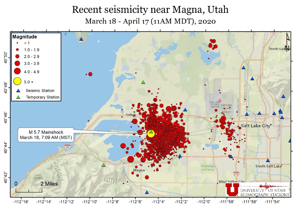 UUSSquake's tweet photo. One month since the M5.7 Magna Earthquake! As of April 18, we've located 1,419 earthquakes as part of this sequence. Including: 6 in M4 range, 34 in M3 range, & 136 in M2 range. Aftershock sequences commonly last weeks to months following an eq the size of the March 18 mainshock. https://t.co/qFHjIeS94t