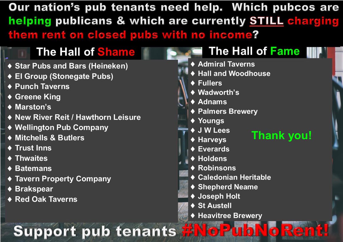 Some pubcos and breweries are insisting on rent, some have cancelled it, it’s a choice that they are able to make. See the list here showing pubco behaviour. #NoPubNoRent #SaveOurPubs #NationalRentFree #NationalTimeOut