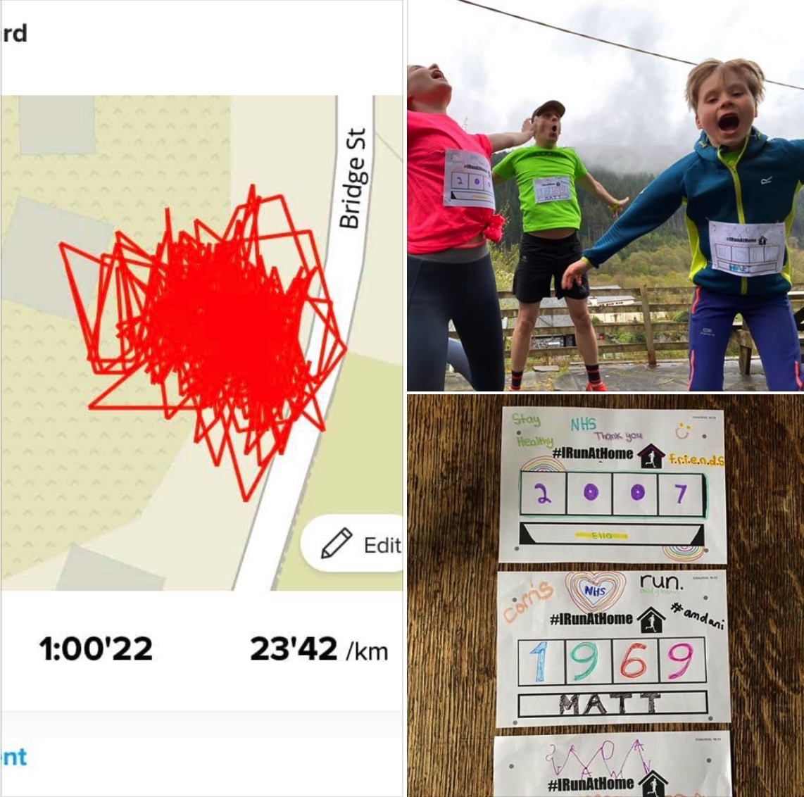 IRunAtHome1's tweet photo. Matt Ward and family, 'Cool bibs, crazy warm-ups and an hour of fresh air! Well done to Ian J Corless for the encouragement and everyone who has run and raised money for #IRunAtHome #stayathome 💙#NHS ' https://t.co/kR2kzyi1u3
