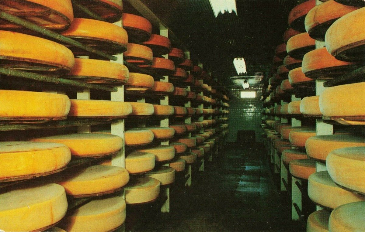 DesolateCards's tweet image. Curing Shelves, Green Country Swiss Cheese Factory, Monroe, Wisconsin.