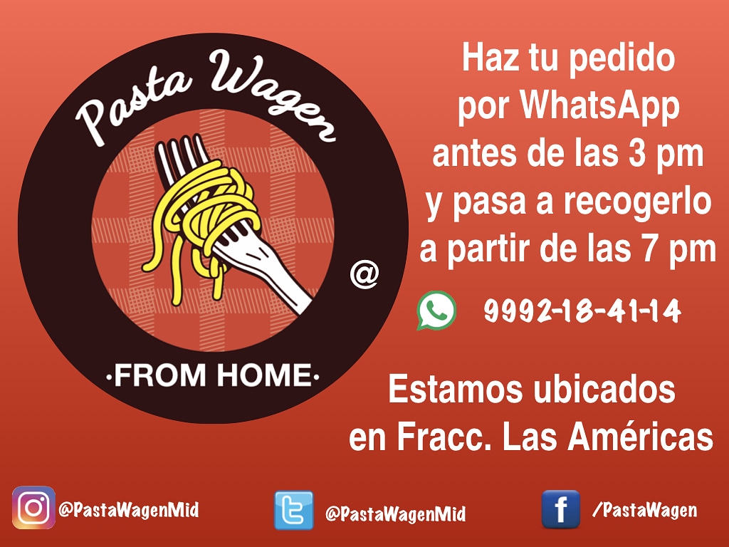 PastaWagenMid's tweet photo. HOY ARRANCAMOS!!!!
Pasta Wagen Home Edition

Pide tu pasta antes de las 3 pm y pasa a recogerla a partir de las 7 pm.

Mándanos un WhatsApp al 9992 18 41 14 y te mandamos nuestro menú! https://t.co/Y38jhaNNRM