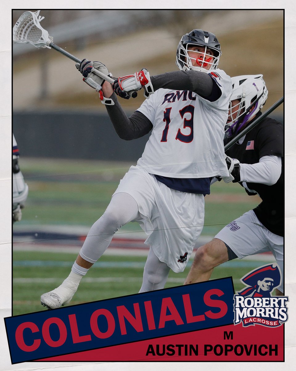 RMUMLacrosse's tweet photo. An accounting major from Columbus, Ohio, @A_Pop_13 was well on his way to having a career year as a senior. He posted three hat tricks in six games and twice set a career-high in points with seven at Canisius and Detroit Mercy.

#ColonialPride 🔵🥍🔴 #EarnedItEveryDay https://t.co/JfP9g2psxq